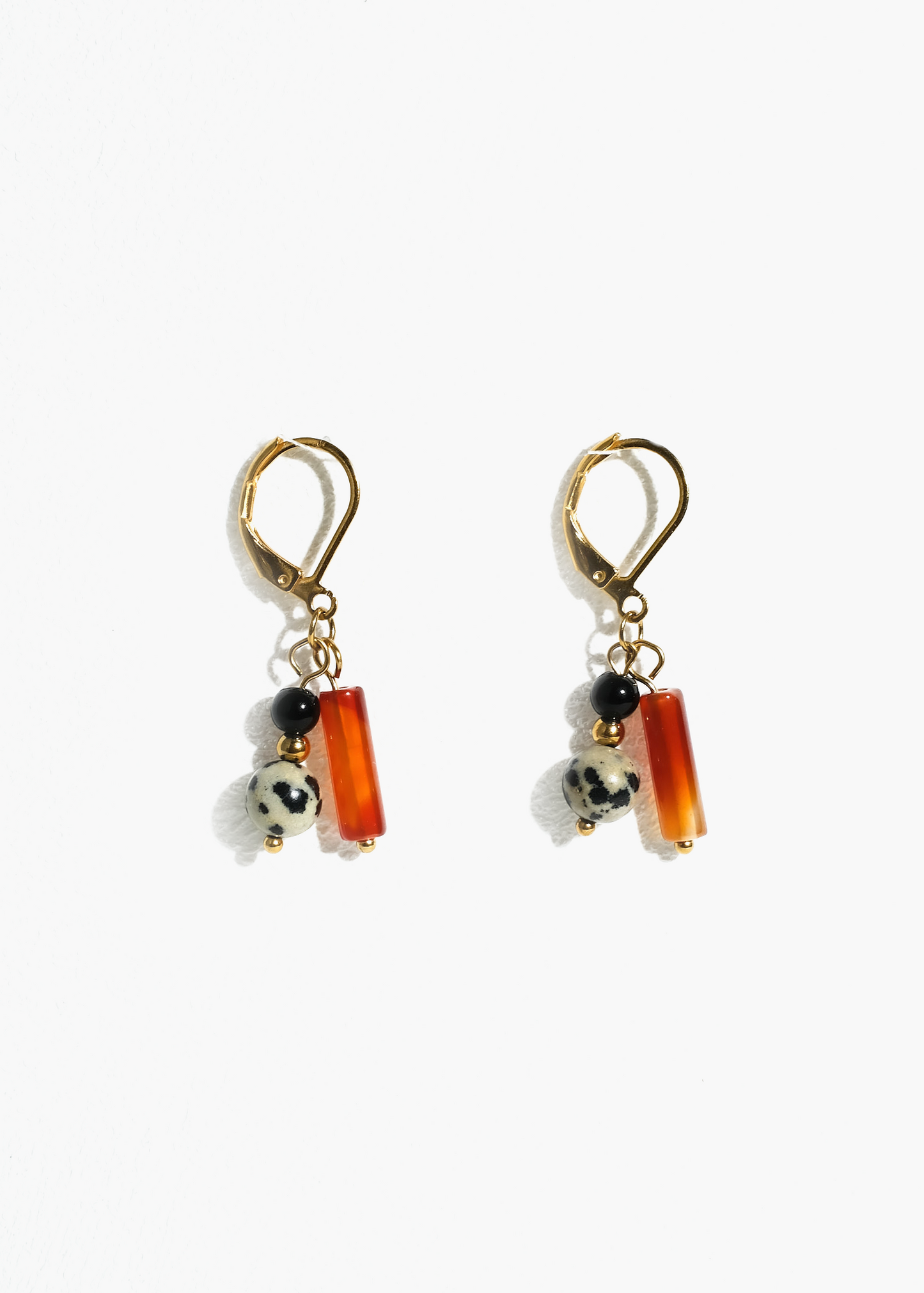 Amber, Dalmatian Jasper, and Onyx Earrings