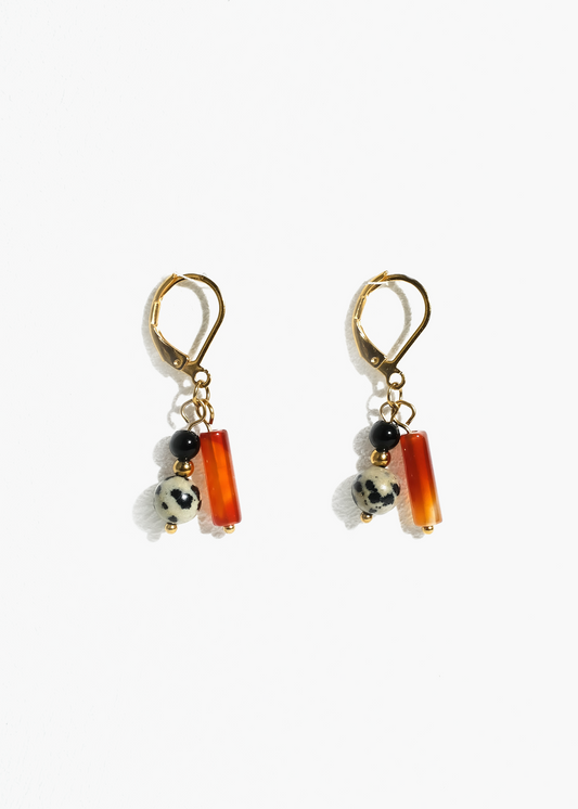 Amber, Dalmatian Jasper, and Onyx Earrings