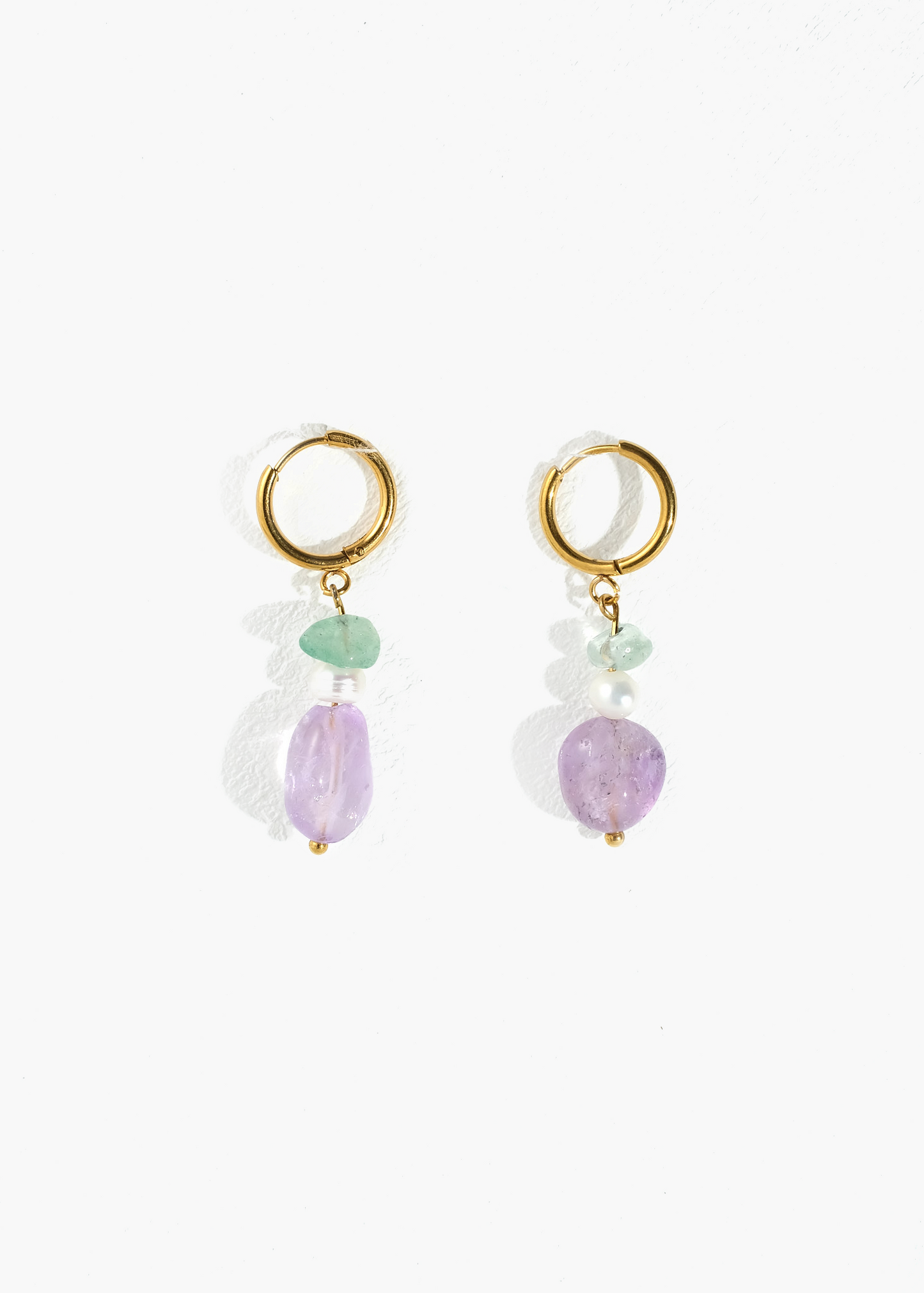 Amethyst, Green Aventurine, and Pearl Hoop Earrings